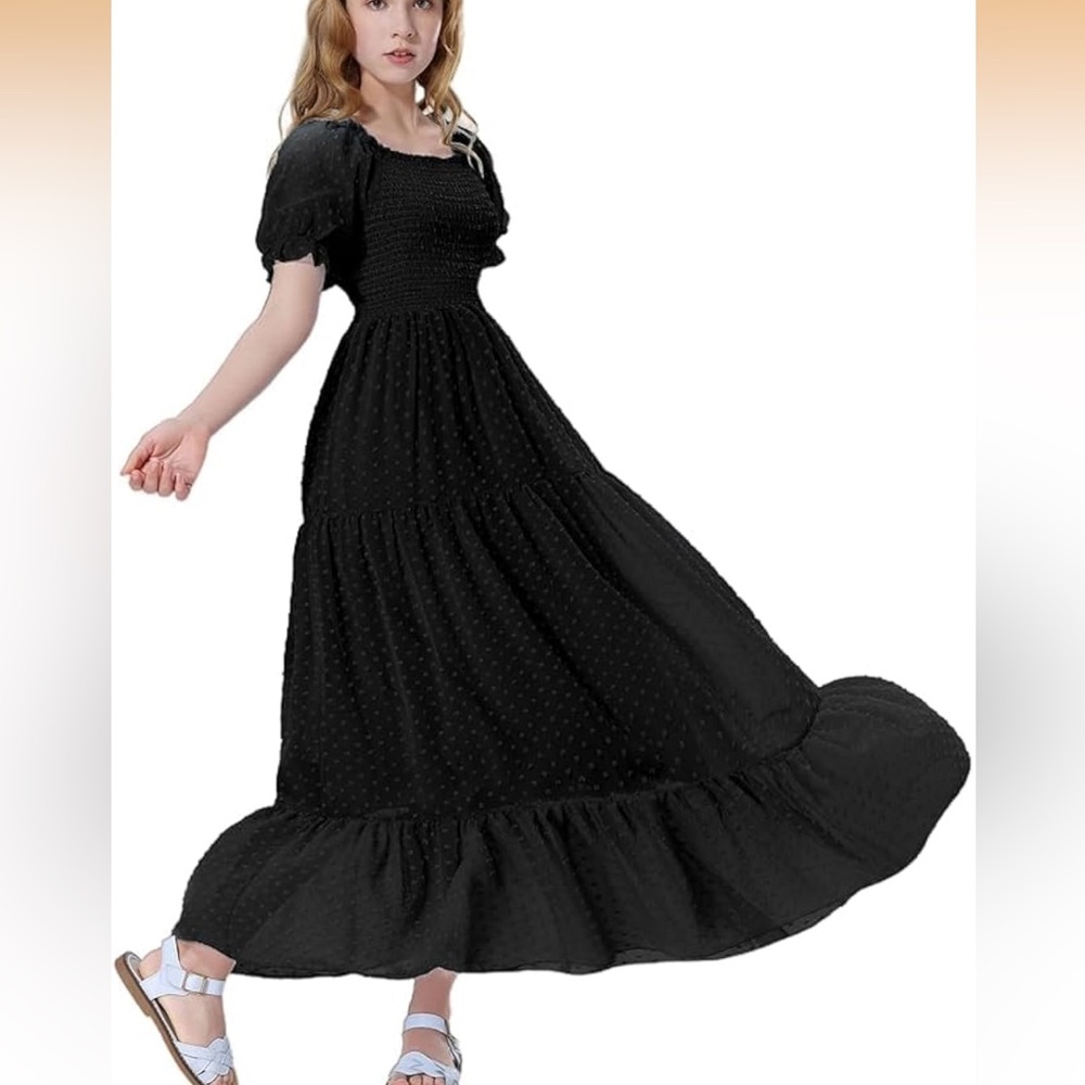SHEIN Black Smocked Puff-Sleeve Maxi Dress